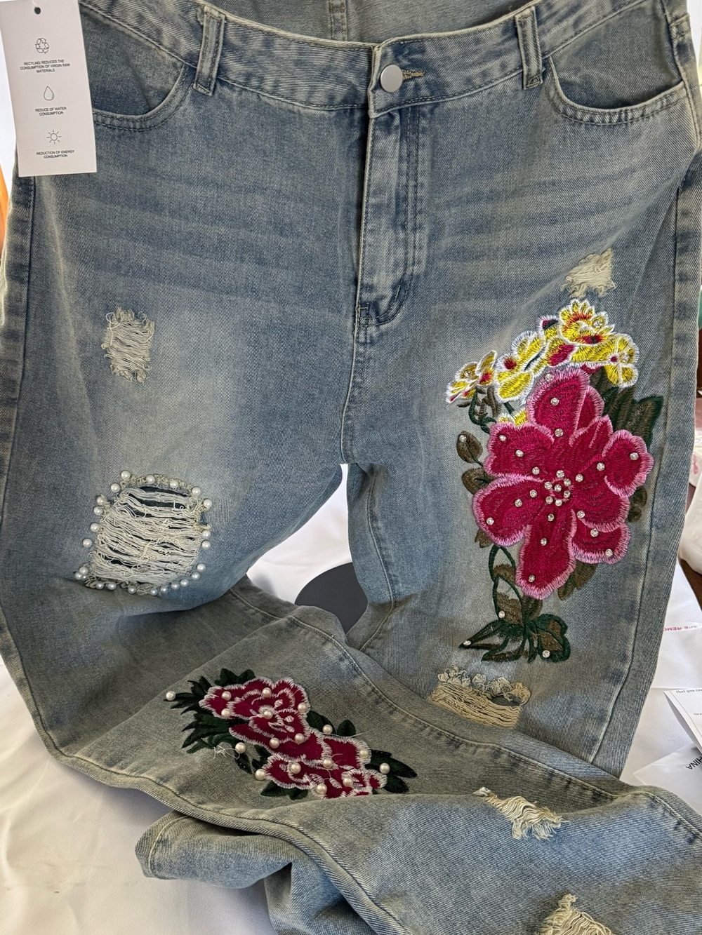 Embroidered Pink Floral Straight-Leg Jeans — Light Blue Wash